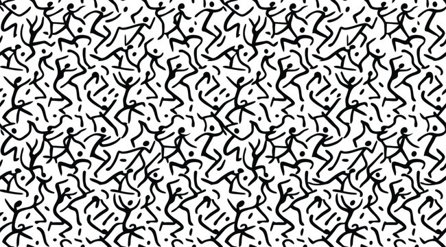 Seamless pattern with abstract handdrawn stick figures dancing or jumping