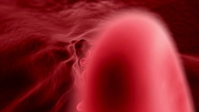 Red blood cells flowing through a blood vessel in the human body