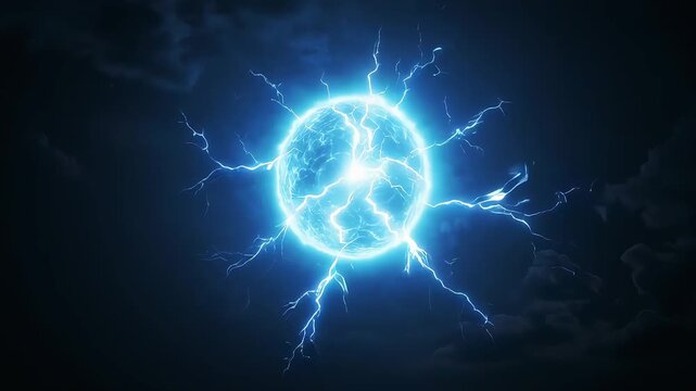 A sphere of blue plasma violently discharging electricity in the dark clouds