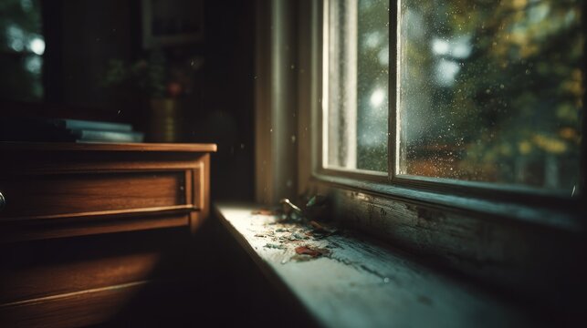 Sunlight streams through a windowpane covered in tiny water droplets illuminating dust motes near a wooden dresser.