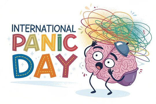 Whimsical International Panic Day artwork features anxious clock brain and expressive icons.