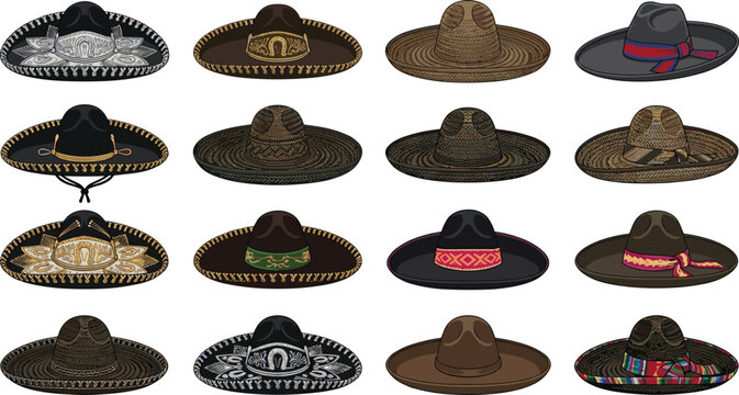 Traditional Mexican Sombrero Hat Icon Set Featuring Ornate Mariachi Headwear and Woven Straw Charro Sombreros for Cinco de Mayo Cultural Celebration Designs