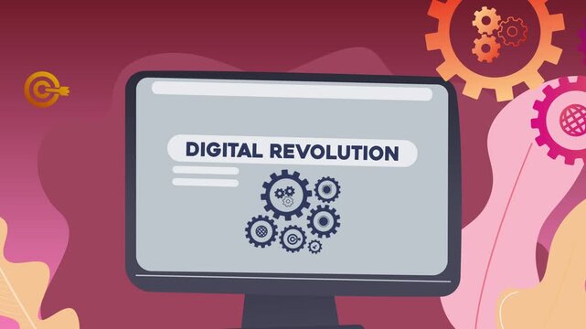 A computer screen displaying the text &ldquo;Digital Revolution&rdquo; and illustrations of gears