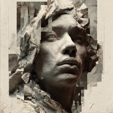 Sculpted human visage undergoes digital deconstruction revealing textured material beneath the surface