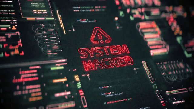 System hacked warning message on computer screen with code background