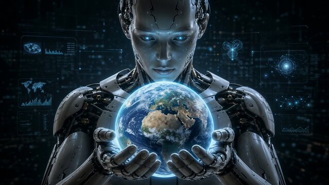 Futuristic cyborg figure holding glowing digital earth sphere showing artificial intelligence technology and global digital transformation innovation