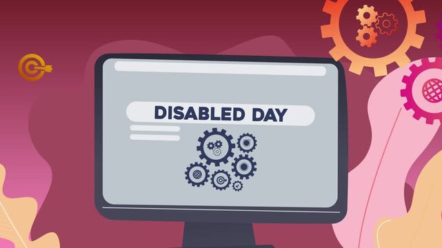 A computer screen displaying the text &ldquo;Disabled Day&rdquo; and illustrations of gears