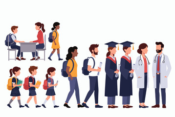 Obraz premium Illustration showing different stages of life and career from a student sitting at a desk to a professional medical doctor.