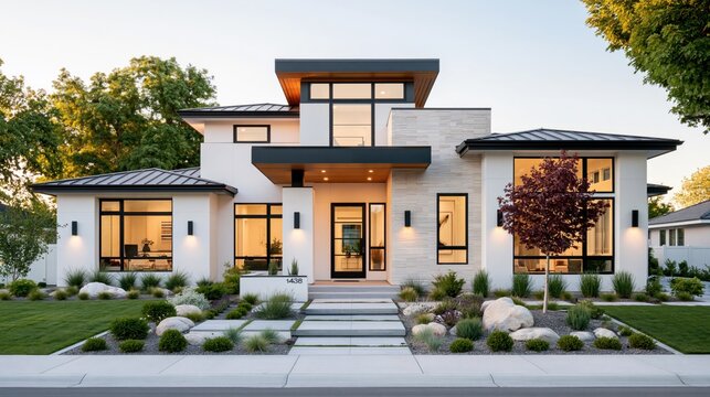Luxury modern family home exterior for real estate marketing. Contemporary white house with landscaped front yard, premium curb appeal and architectural property showcase