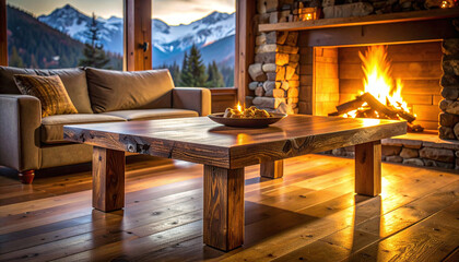 Obraz premium This cozy mountain retreat features a roaring fireplace and a rustic wooden table. Large windows reveal snowy peaks at dusk, offering a warm, inviting atmosphere for luxury winter travel.