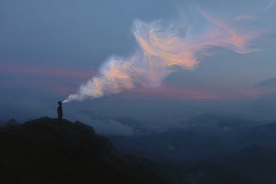 Solitary man on mountain cliff exhaling breath that morphs into glowing cloud formations for landscape background and mindfulness poster