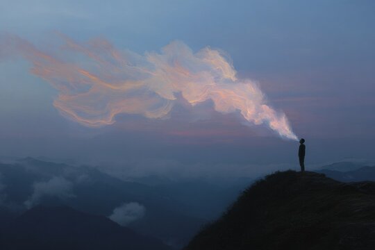 Man on mountain cliff exhaling cloudlike breath that morphs into sky for landscape background and outdoor mindfulness poster