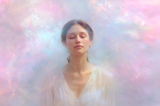Ethereal pastel breathwork portrait of a peaceful woman in white for wellness poster and meditation background