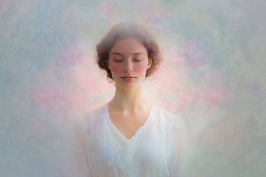 Peaceful woman in white with radiant breathing aura and soft pastel light for meditation background and spiritual wellness banner