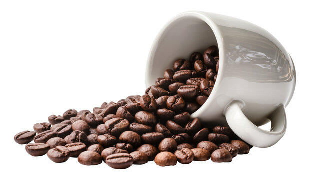 Isolated coffee beans spilling from a white ceramic cup, fresh roasted aromatic whole beans