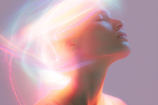 Breathwork magic woman exhaling spirals of shimmering light for ethereal wellness poster and creative meditation background
