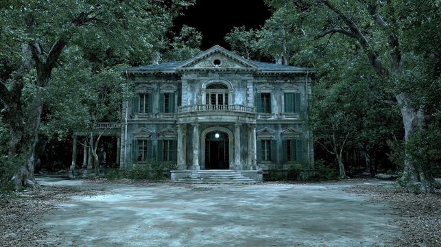 A dilapidated mansion stands ominously amidst overgrown trees, serving as a spooky background for horror themes.