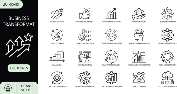 Business Transformation and Growth Outline Icons Set, Thin Line Innovation, Strategy, Process Optimization and Development Symbols, Editable Stroke. Vector Illustration