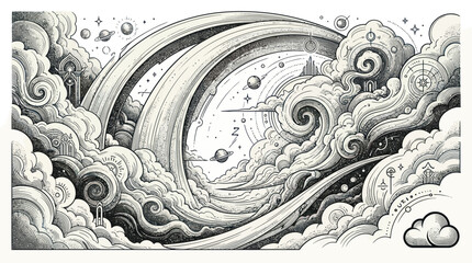 Surreal celestial dreamscape with planets swirling clouds and arches © Wejang