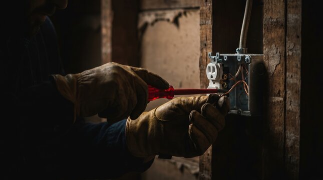 Electrician hands in leather gloves using screwdriver to install electrical outlet in metal box for home renovation and electrical maintenance