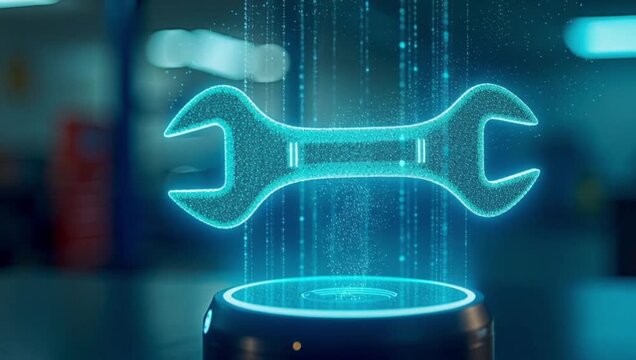 Horizontal footage of a glowing blue digital wrench hologram spinning in a futuristic automotive shop