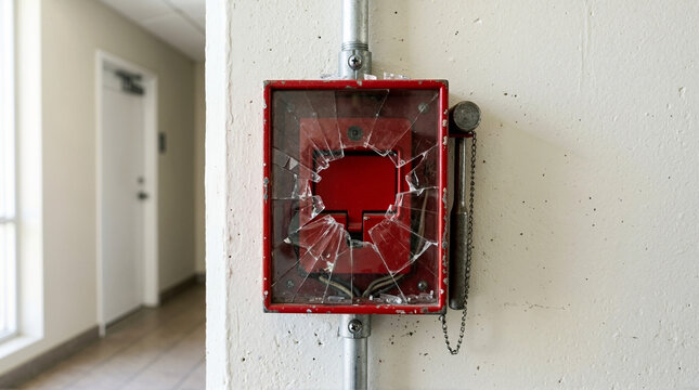 Red fire alarm pull station with shattered glass and attached hammer. Broken emergency trigger device with exposed wires on a white wall