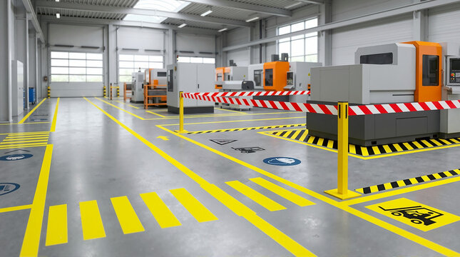 Modern factory floor marked with yellow safety lines and warning tape. Industrial manufacturing facility interior with machinery and pedestrian walkways