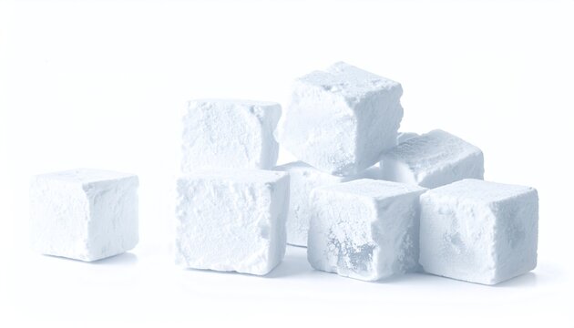 This highkey studio image features white, powdery cubes in a minimalist pile. A perfect metaphor for sweetness, purity, or structure for culinary blogs and creative design needs.