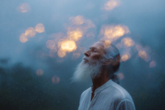 Mature man practicing breathwork in rainy twilight with reflective bokeh lights for contemplative background and wellness poster