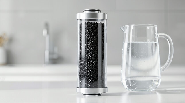 Upright activated carbon water filter cartridge and a glass pitcher of fresh water on a white kitchen counter. Clear cylinder filled with black charcoal granules. Home water purification