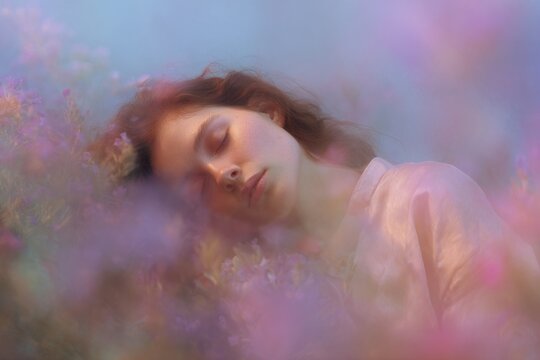Relaxed woman lying in a field of flowers pastel breathwork portrait for wellness background and calm poster design