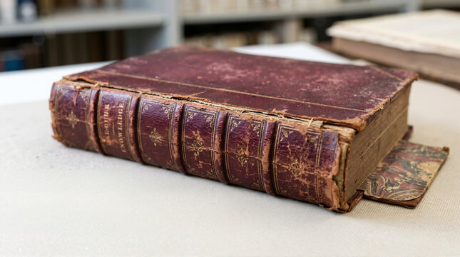 Old antique leather book with crumbling spine and detached cover. Fragile vintage volume with marbled endpapers on conservation workbench. Historical document preservation and archive