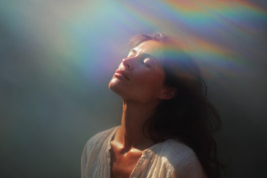 Woman inhaling soft rainbow light with eyes closed for meditation background and wellness poster design conveying breathwork and inner calm