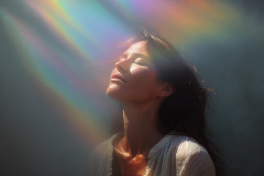 Woman inhaling soft rainbow light with peaceful expression for breathwork wellness poster and meditation background