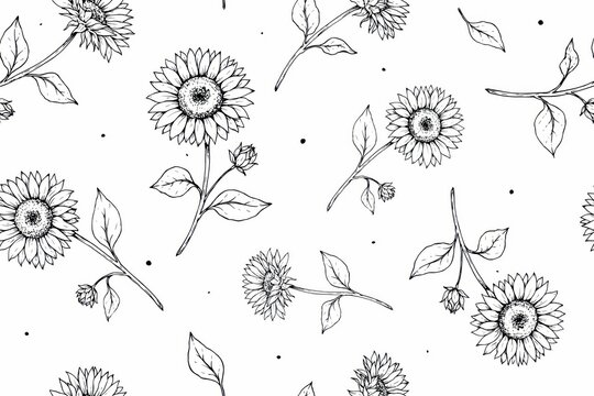 Hand drawn black and white seamless pattern featuring sunflowers and leaves on a white background, for coloring books, and textile fabric
