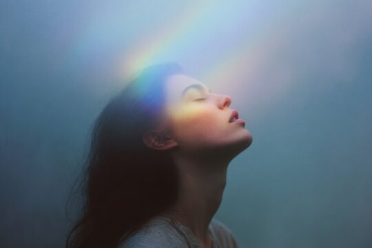 Woman inhaling pure rainbow light with uplifted face for breathwork and mindfulness wallpaper background and spiritual wellness poster