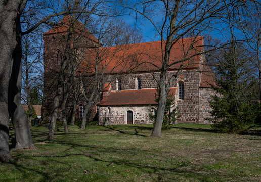 Historic fieldstone and brick church tower in Massen, Germany