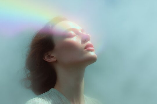 Woman inhaling soft rainbow light for breathwork magic and healing meditation background or wellness poster design