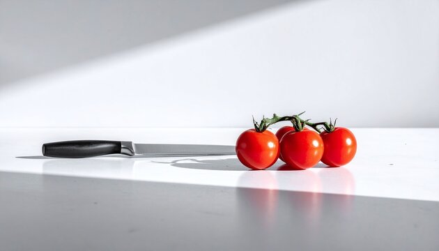 Fresh cherry tomatoes on a vine and a sharp kitchen knife on a minimalist white background. A clean, highkey image perfect for culinary blogs, healthy diet tips, and recipe designs.