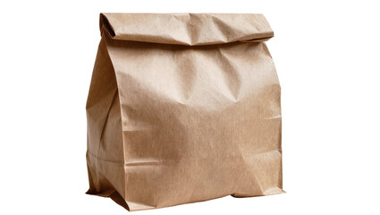 Isolated natural brown kraft paper bag standing upright with folded top, for lunch or groceries © Conor