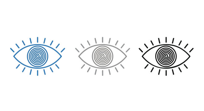 Set of three stylized eye icons in different shades of gray and black with detailed iris and eyelid designs