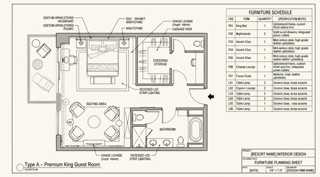 Detailed furniture planning sheet for a premium king guest room in a luxury resort with furniture schedule and layout