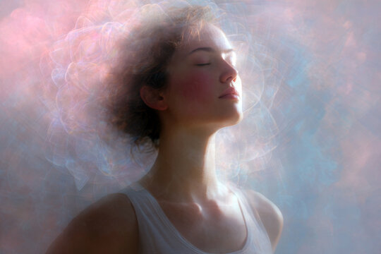 Meditative woman with luminous aura and layered light for breathwork background and wellness poster