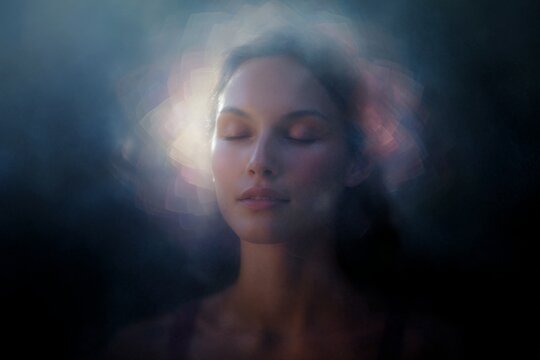 Meditative woman with a luminous aura and layered glow for mindfulness background and spiritual wellness poster design