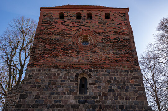 Historic fieldstone and brick church tower in Massen, Germany