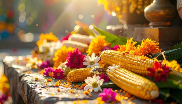 Traditional Peruvian harvest offering with maize and bright flowers under sunbeams for Inti Raymi