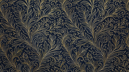 Intricate gold floral pattern on a dark navy blue background, luxury seamless wallpaper design © S.Siam