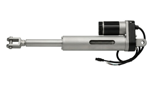 Industrial electric linear actuator with a silver metal cylinder body, black motor housing, and a clevis mount, isolated on white background