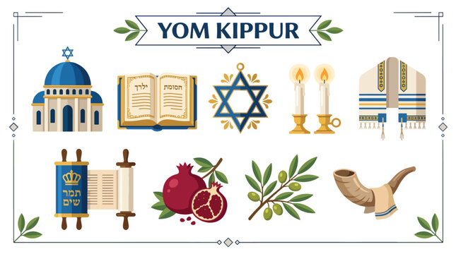 Yom kippur holiday prayer book and traditional jewish symbols set