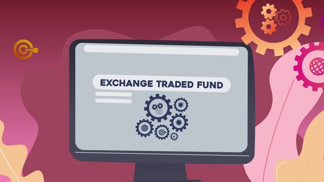 A computer screen displaying the text &ldquo;Exchange Traded Fund&rdquo; and illustrations of gears